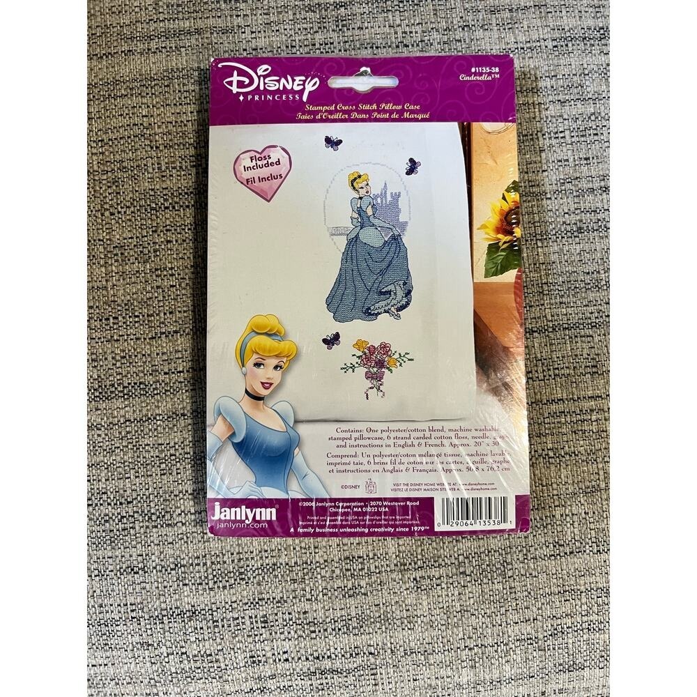 Disney Princess Stamped Cross Stitch Pillow Case Kit Cinderella #1135-38 New